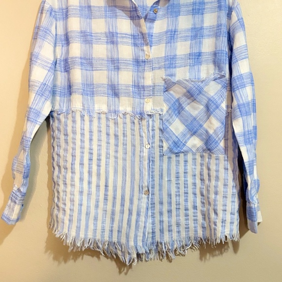 Entro Blue & White Plaid & Stripe Colour Blocked Cotton Button Up Shirt - Picture 6 of 13